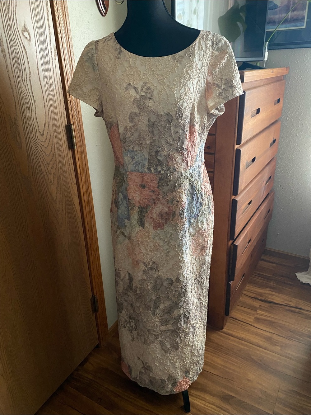 Adrianna Papell Floral Column Dress in Cream, Pink and Blue
